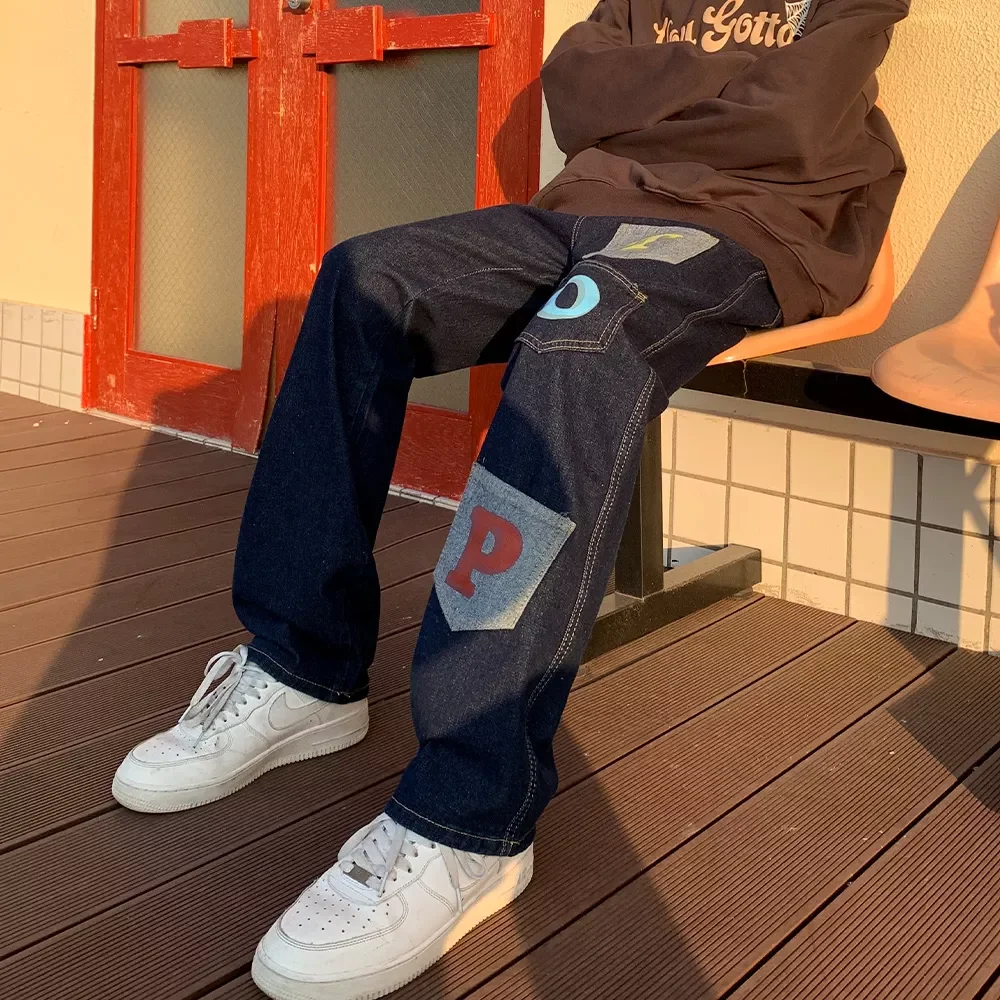 

NEW IN T O P Printed Jeans Multi-pockets Denim Straight Jean Pants Navy blue Men's Hip Hop Jeans Neutral Streetwear denim Tr