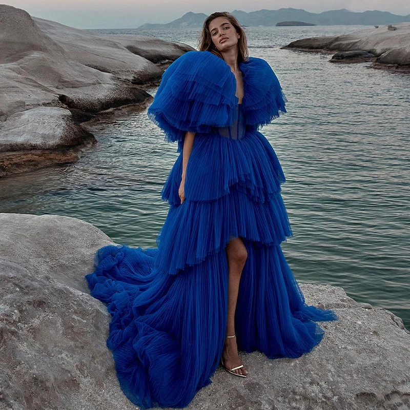 

Unique Blue Puff Sleeves Tiered Evening Dresses Short Front Long Back Party Gowns Formal Party Elegant Princess Graduatiion