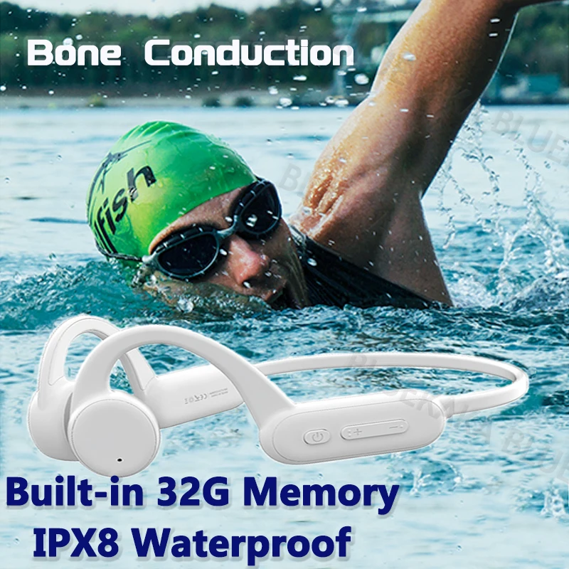 Real Bone Conduction Headphones Swimming IPX8 Waterproof 32GB MP3 Player Wireless Bluetooth 5.2 Earphones for Sport HiFi Headset