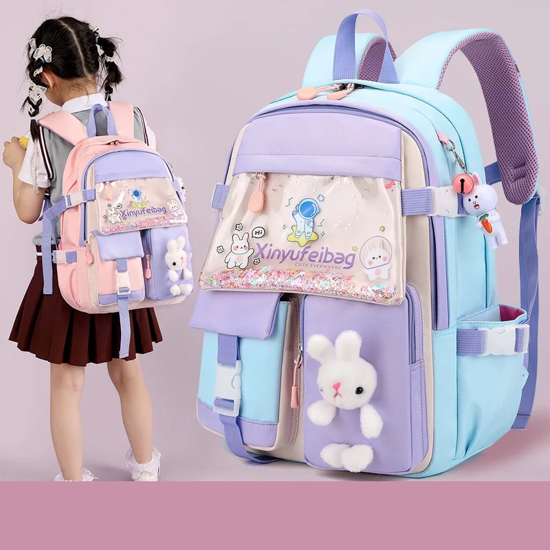 High-capacity Cute Cartoon Rabbit Backpacks for Grade 1-3 Girls Princess Sweet New Children Fashion Trend Quicksand Schoolbags