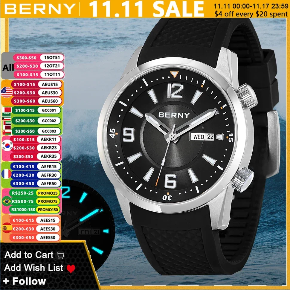 

BERNY Diver Automatic Watch for Men MIYOTA 8205 Luxury Stainless Steel Mechanical Wristwatch Luminous Diving 20ATM Watches