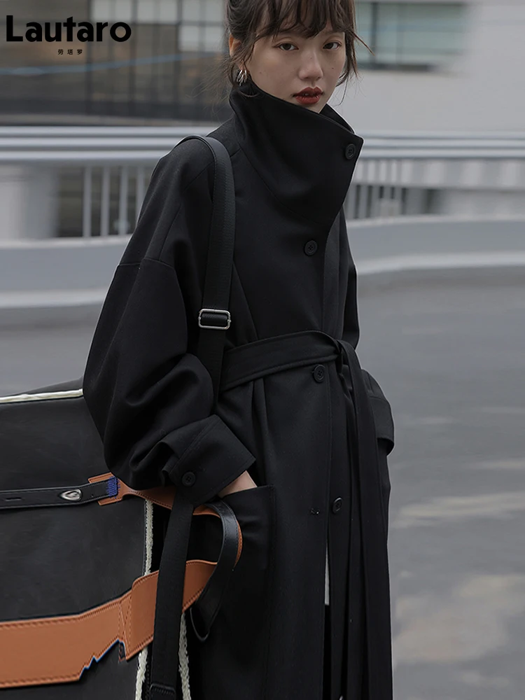 Lautaro Весенне-осенний тренч цвета хаки для женщин с заниженным плечом и длинным