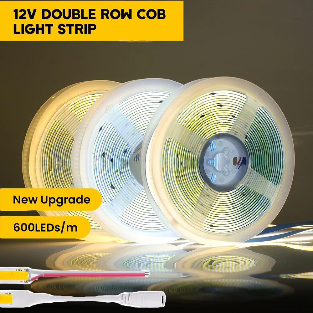 Фото Светодиодная лента COB 600 LED, 12В/24В, гибкая, высокой плотности, линейное освещение, теплый белый свет, RA90, для домашнего декора, 0.5м, 1м, 2м, 5м №1
