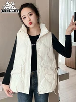 greller women 2022 fashion shinny cotton padded waistcoat pocket sleeveless female outerwear streetwear winter vest women coat