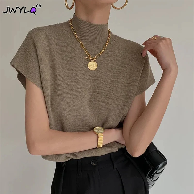

Elegant Half High Collar Short Sleeve Knitted Vest Shirt Spring Summer Loose Cropped Sweater New Solid Color Office Straight Top