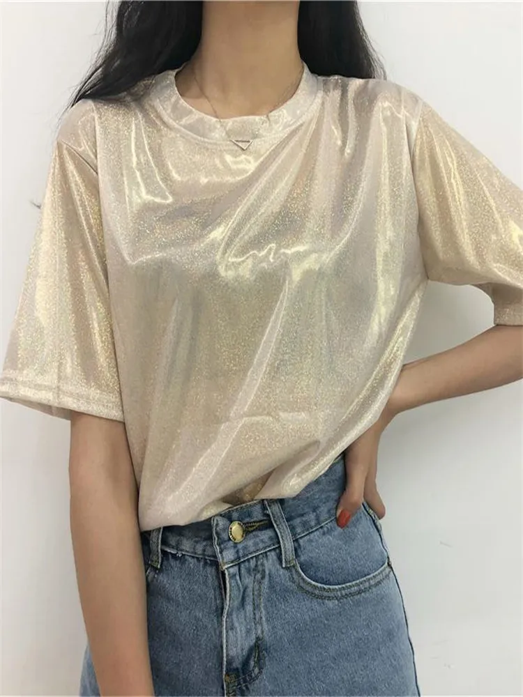 

Футболка ljcuiya, блестящая, металлическая, с коротким рукавом, свободного покроя, топ для танцев в стиле хип-хоп, с круглым вырезом, летняя
