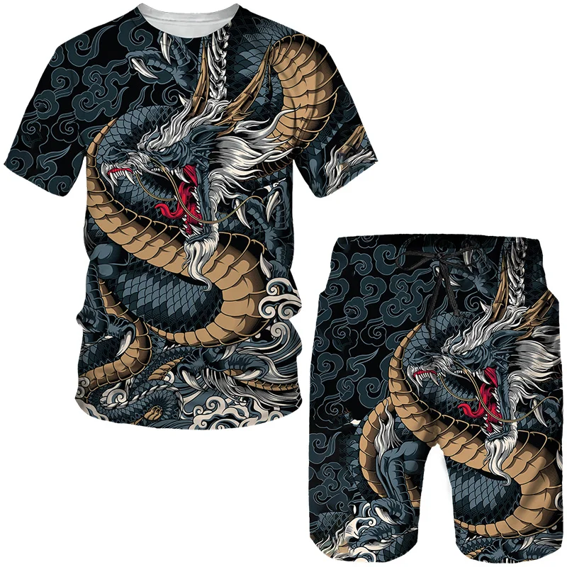 Vintage Oriental Dragon God 3D Print Men's Tees/Shorts/Sets Japanese Samurai Tattoo Outfit Fashion Male Streetwear Clothing Suit