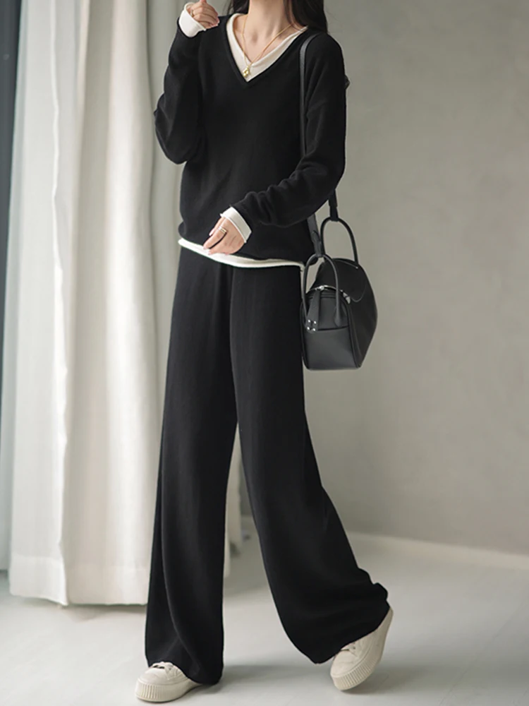 

High Quality Knit Set Loose V-Neck Pullover+Wide Leg Pants Two Piece Set 2023 Autumn And Winter New Fashionable Women'S Clothing