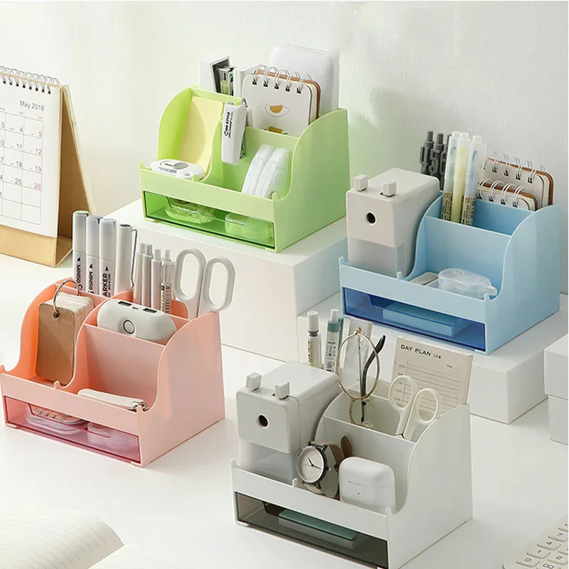 

Novel Large Capacity Desk Accessories Pen Holder With Drawer Pencil Storage Box Desktop Organizer School Office Stationery