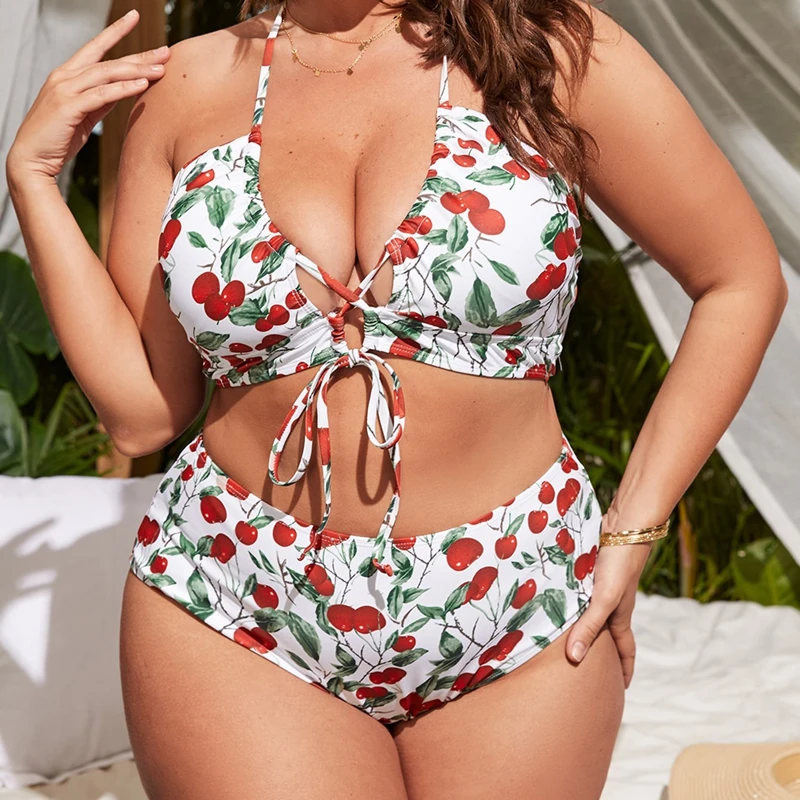 

2023 New Large Size Bikini Set Large Cup Swimwear Women Retro Halter Neck Cross Swimming Suit Big Size Swimsuit Bikini