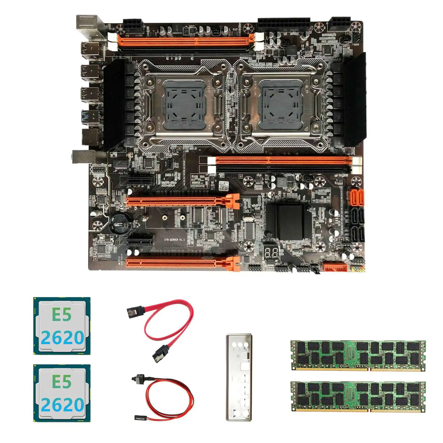 

X79 Dual CPU Motherboard+2XE5 2620 CPU+2X4GB DDR3 1600Mhz RECC Ram+SATA Cable+Switch Cable+Baffle LGA2011 M.2 NVME