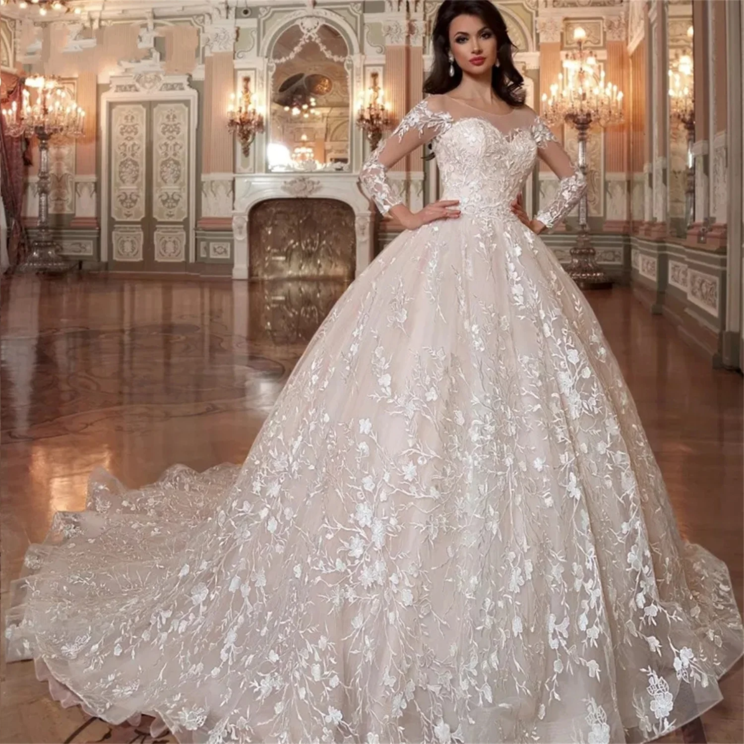 

Luxury Wedding Dress Ball Gown With Embroidery Elegant Full Sleeve Wedding Gowns Crystal Lace Up White Vestido De Noiva
