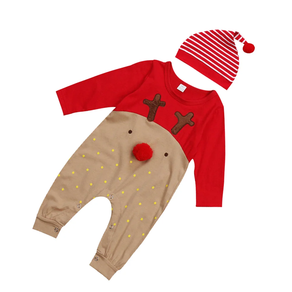 

Christmas Cartoon Reindeer Jumpsuit Pajama Stripe Hat Bodysuit Set