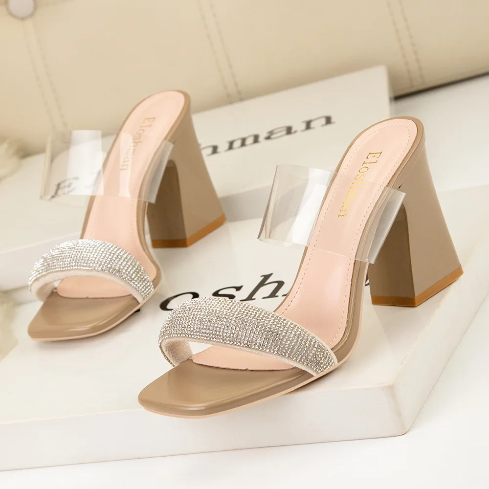 Banquet with women's sandals, square toe, rhinestones, block heels, open-toed heels, and slippers