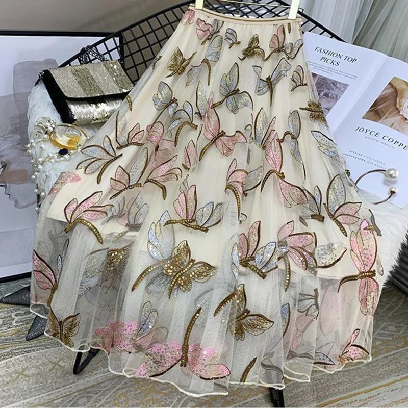 

Elegant Fashion Sequined Embroidery Mesh Aesthetic Skirt 2022 Summer New Office Lady Elastic High Waist Ankle All-match Skirts