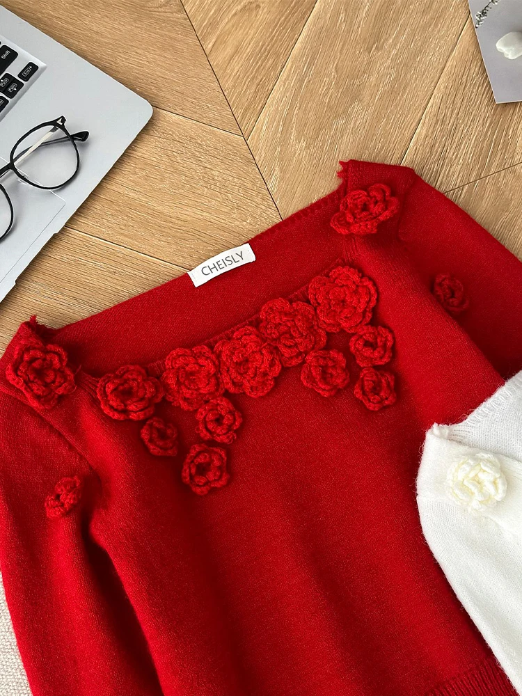 Женский рождественский красный пуловер с 3D цветочным принтом свитер Harajuku Y2k