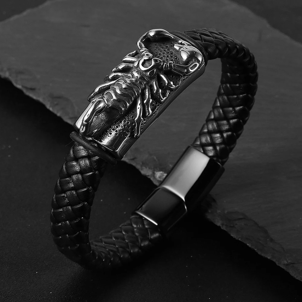 

Scorpion Leather Bracelet For Men Woven Hand Strap Stainless Steel Animal Charm Pulsera Hombre Magnetic Gothic Rock Wrist Bangle