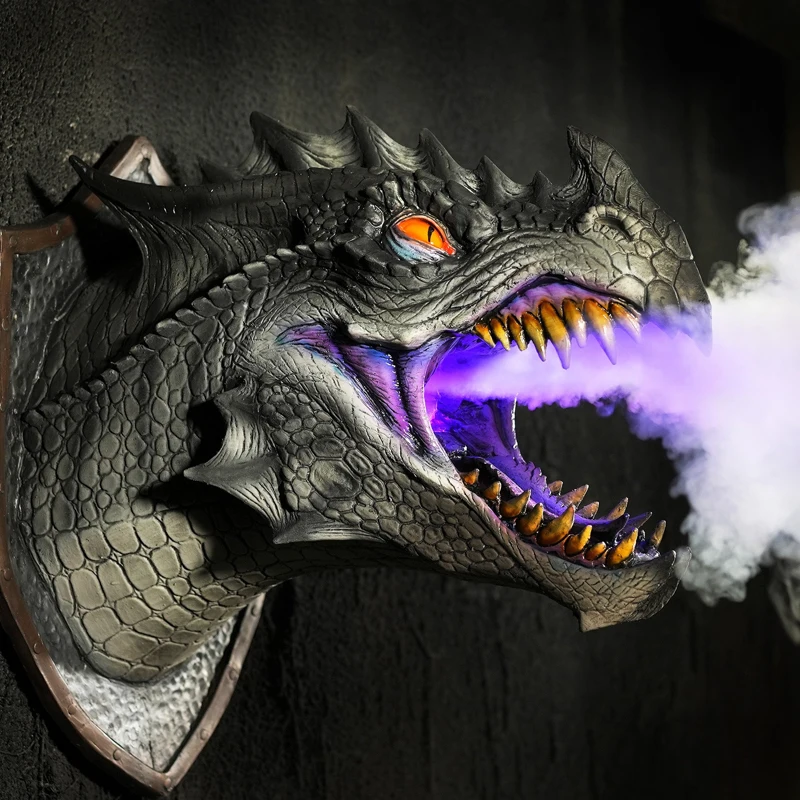 Figuras de Dragon Legends en 3d para decoración del hogar, escultura de arte de pared con luz de humo de dinosaurio montada en la pared, estatua de decoración de Halloween