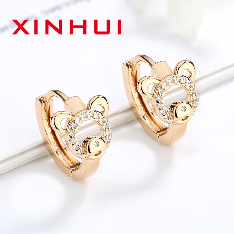 XINHUI 18K Gold Cute Animal Shiny Diamond Bear Stud Earrings For Teens Holiday Gift Ear cuffs For Children  Wholesale Offers