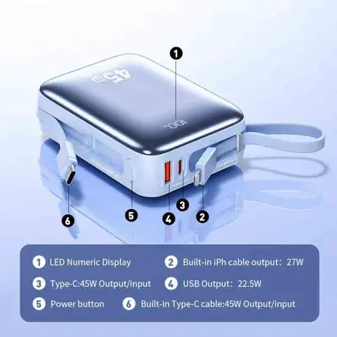 20000 мАч Power Bank PD 45 Вт Портативный кабель USB C Быстрая зарядка Мобильный внешний аккумулятор для Samsung iPhone Xiaomi