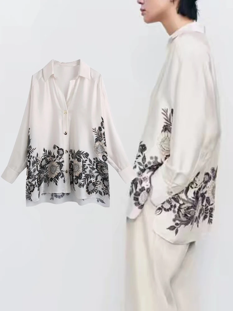 

yiloyka Za 2022 Spring Summer Women Satin Blouse Shirts Casual Single-Breasted Turn Down Collar Print Vintage Tops