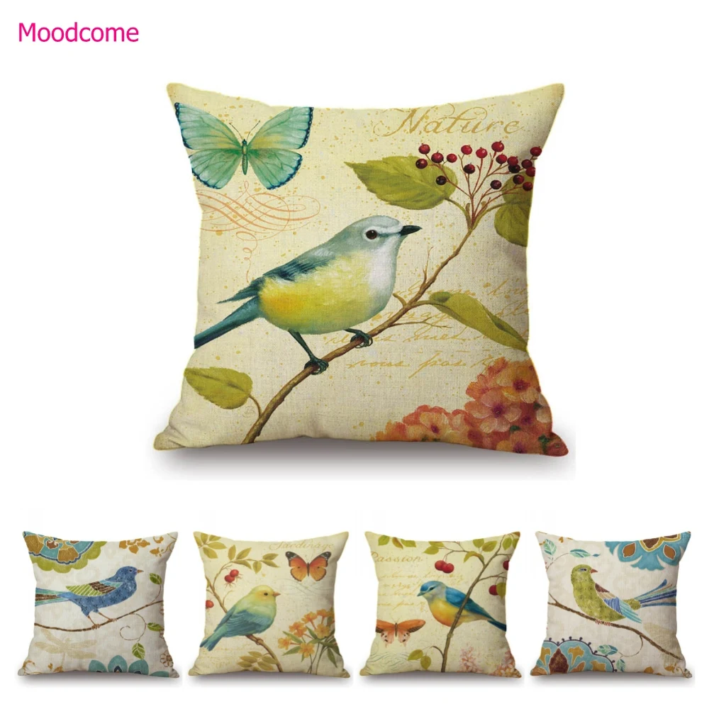 

Flower Bird Floral Butterfly Plant Leaf Home Decorative Cotton Linen Sofa Chair Throw Pillow Case Car Seat Cushion Cover Case