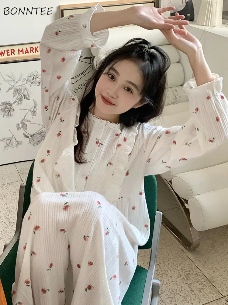 

Women Autumn Nightgowns Loose Simple Floral Young Ins Sweet Girls Casual Fashion All-match Princess Style Midi Soft Ruffles New