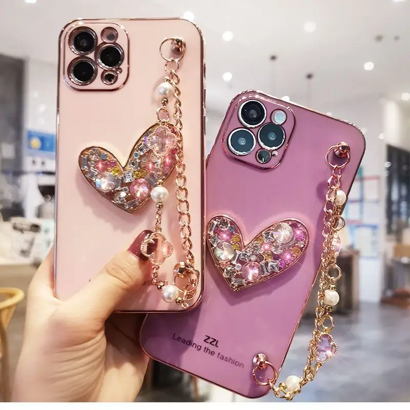 

Crystal Gem Phone Case for Iphone 14 13 Pro Max 12 Mini 11 7 8Plus Xr X Xs Coques Glitter Bracelet Cover Soft Shockproof Fundas