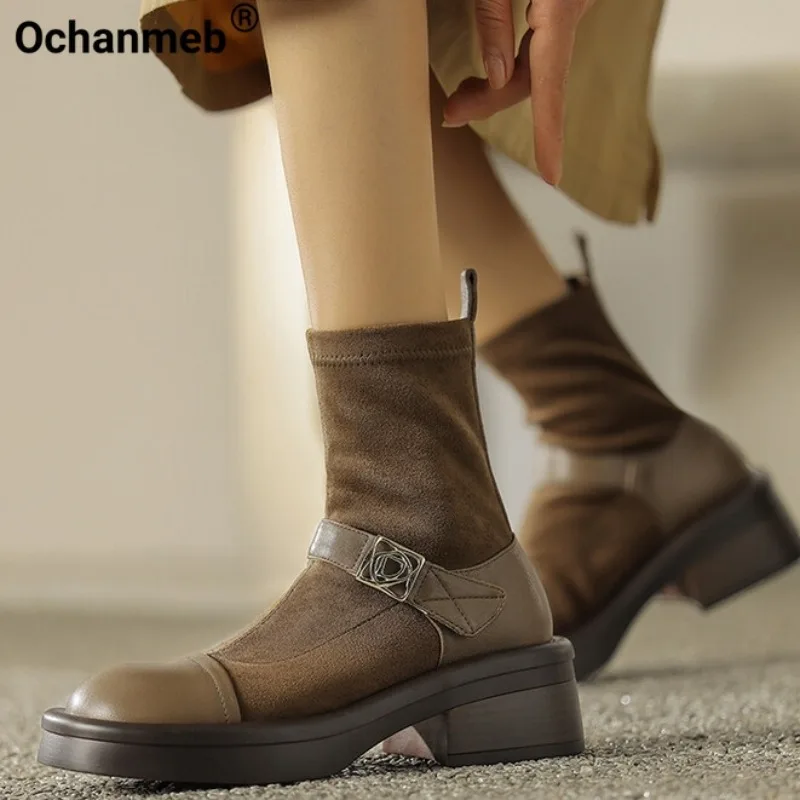 

Ochanmeb Women Real Leather Stretch Boots Chunky Block Heels Faux Suede Gothic Boots Chic Metal Deco Slip-on Shoes Autumn Winter