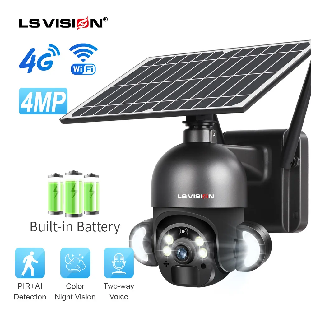 

LS VISION 4MP WIFI Security Camera 6W Solar CCTV Video Surveillance Camera 4G Sim Card Slot Audio PTZ Wireless IP Camera Outdoor