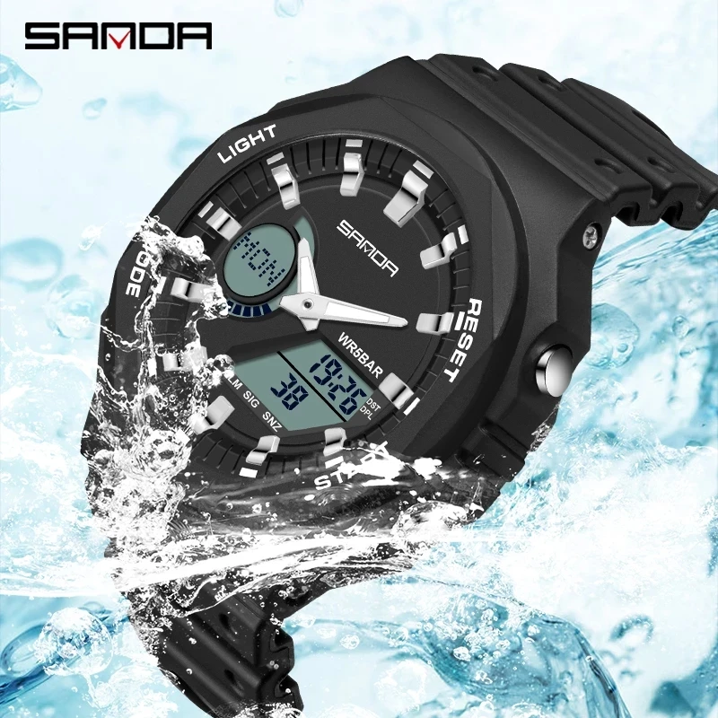 SANDA Mens Watches 2023 New Sports Watch Chronograph Luminous HD LED Dual Display Watch 50M Waterproof Relogio Masculino 6016