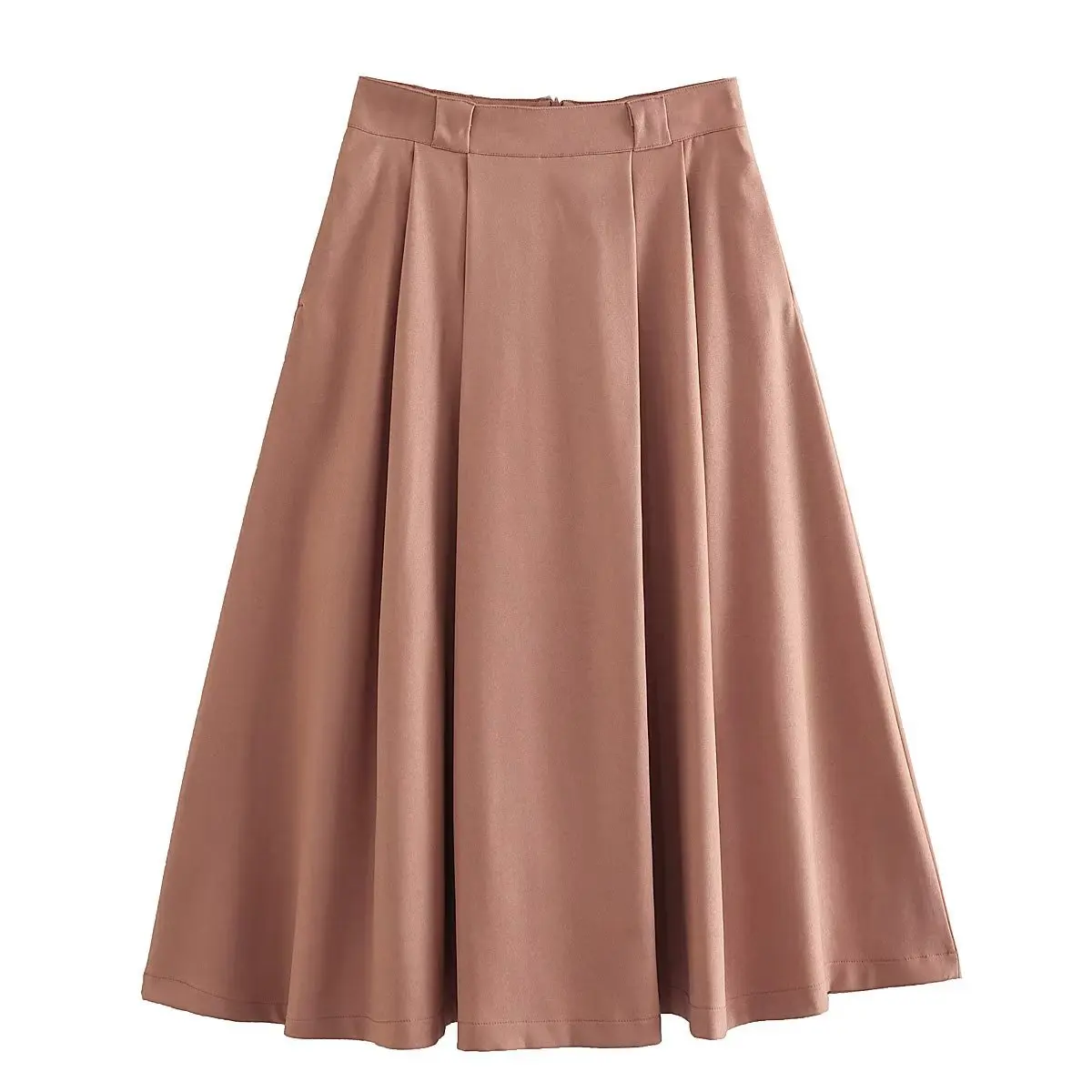 

New Fashion Women Brown Solid Pleated Midi Skirt Casual High Waist Female Vintage Skirts