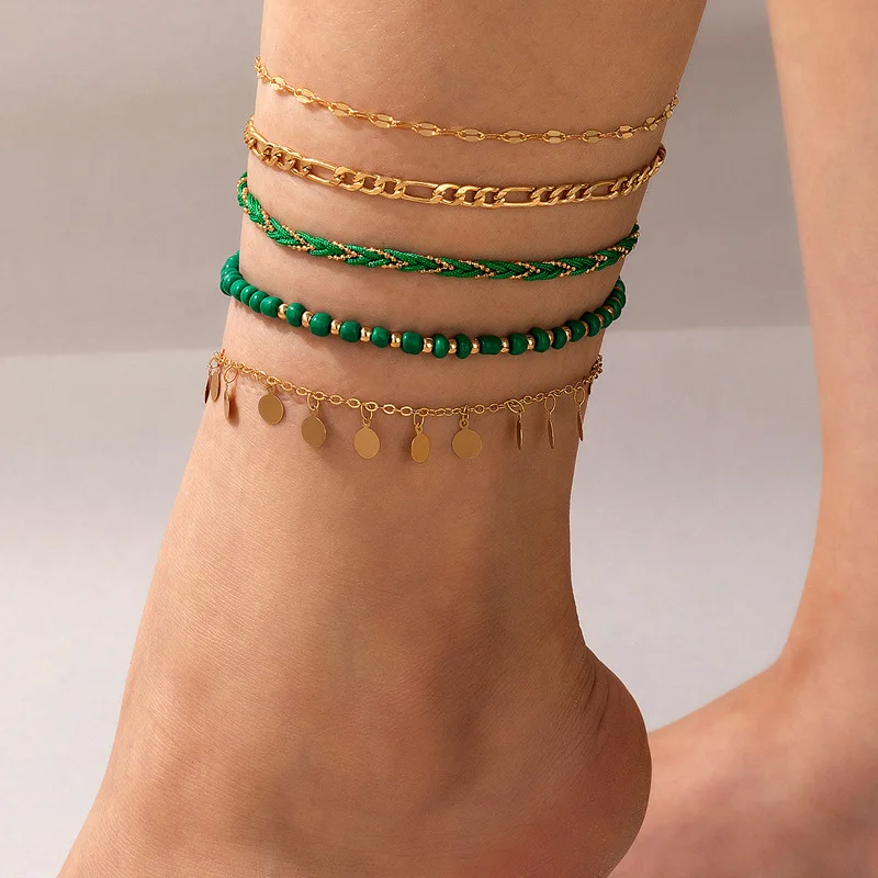 

Модный простой Плетеный веревочный бисерный круглый кулон комбинированный набор нишевой дизайн Индивидуальный геометрический темпераментный браслет на ногу