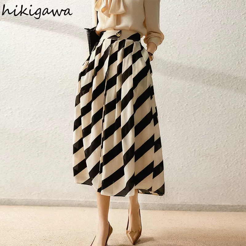 

Faldas De Mujer Vintage Striped Skirts Women High Waist Slim Vintage A-line Pleated Skirt Big Swing Korean Elegant Jupe
