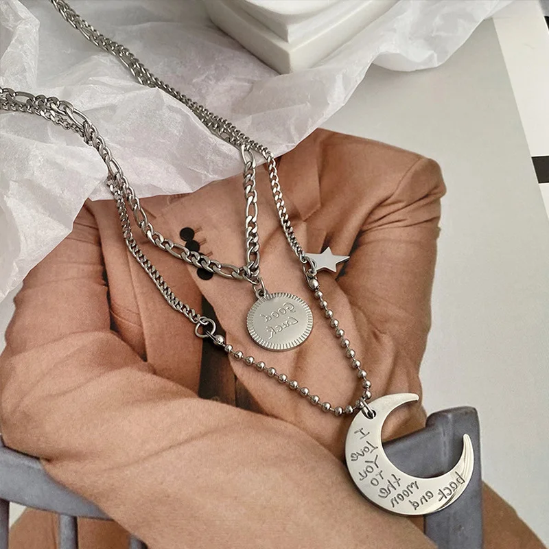 

Personality Female Titanium Steel Sun Star Moon Pendant Double-layer Necklace Fashion Women's Sweater Chain Accessories Jewelry