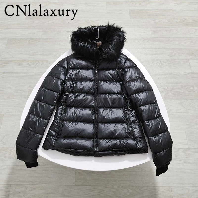 

CNlalaxury Autumn Winter Woman Brown Removable Faux Fur Hooded Cotton Jacket Casual Warm Long Sleeve Zip Pocket Jackets Female