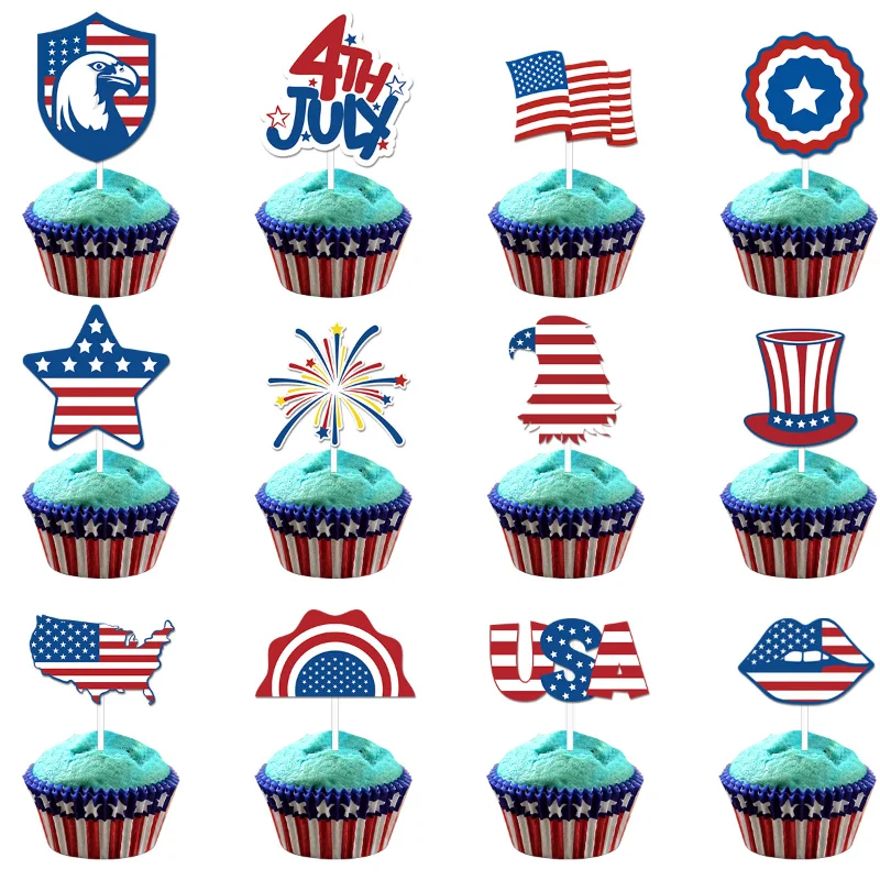 

12 Pcs U.S. Independence Day Cupcake Toppers Under the Party Cake Flags American Theme Birthday Party Cake Decorations