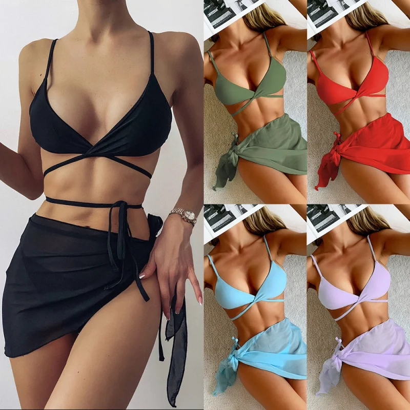 2022Pure Color Bikini Chiffon Overskirt Sexy Swimsuit Three Piece Swimsuit Swimsuit