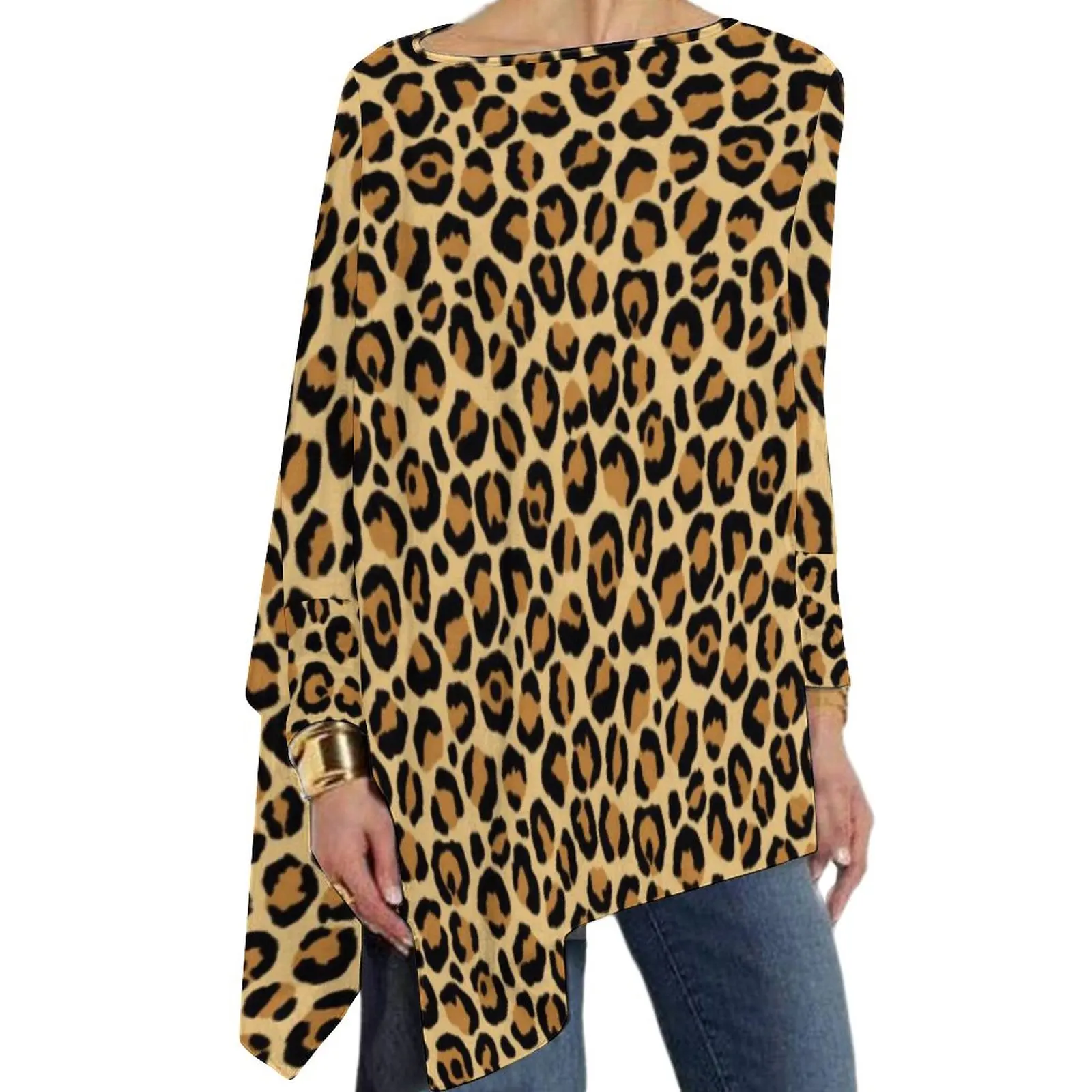 

Футболка женская с леопардовым принтом, классическая элегантная Весенняя рубашка с длинным рукавом, уличная одежда, большие размеры 6XL