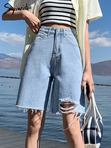 Syiwidii Ripped Short Jeans Women 2022 Summer Tassel Korean Fashion High Waisted Straight Vintage Streetwear Denim Shorts