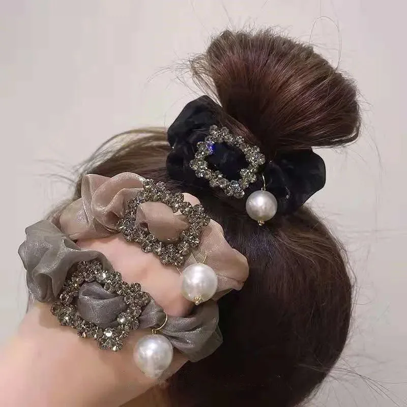 

Retro Pearl Rhinestone Chiffon Mesh Intestines Hairband Temperament Women Elastic Band Scrunchie Rope Hairwear Hair Accessory