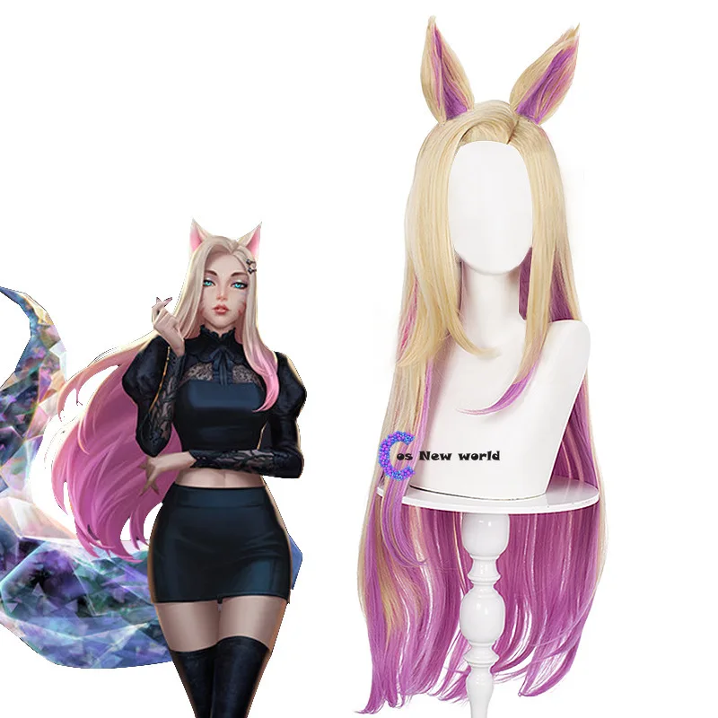 

Парики для косплея KDA Baddest Ahri, термостойкие искусственные волосы для косплея LOL KDA, блонд, Смешанные розовые, с ушками