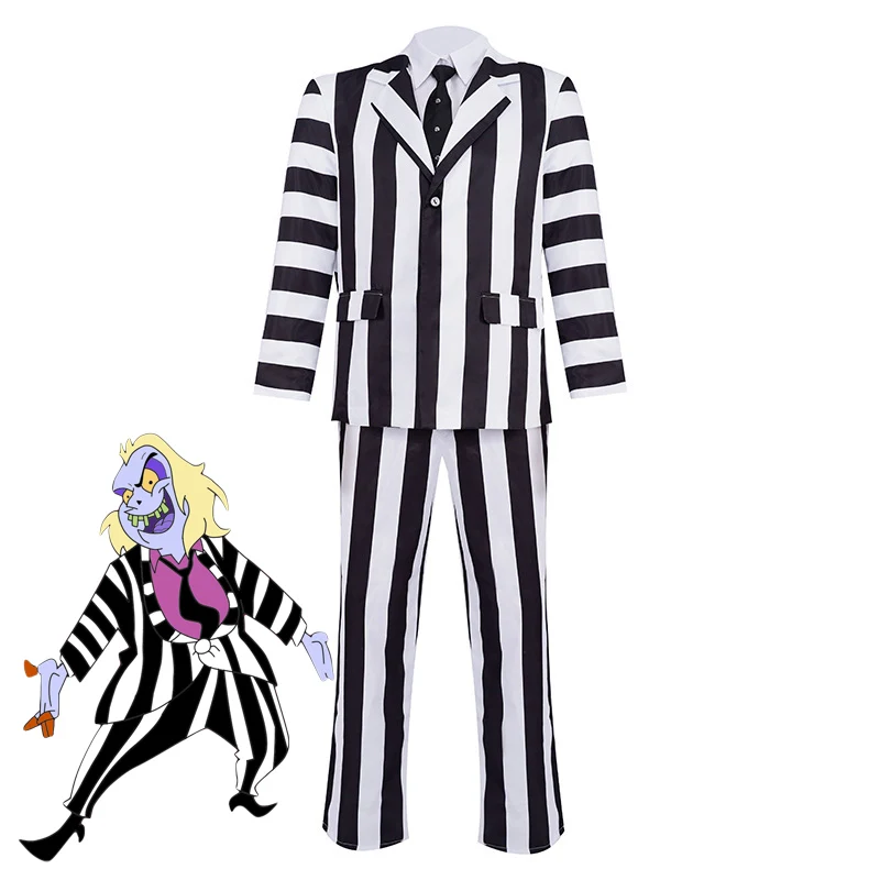 

Anime Beetlejuice Adam Cosplay Costume Men Black and White Striped Suit Jacket Shirt Pants Set Outfits Halloween Carnival