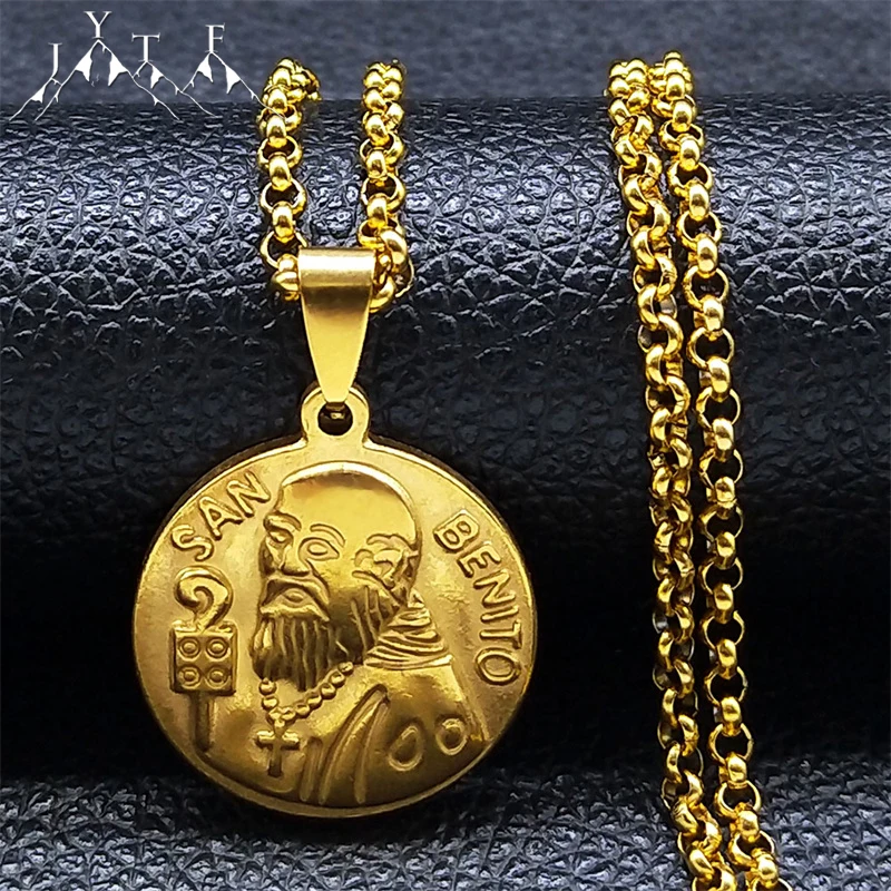 

San Benito Medal Pendant Men's Necklace Stainless Steel Catholic Saint Benedict Medallion Hip Hop Necklaces Jewelry Gifts Collar