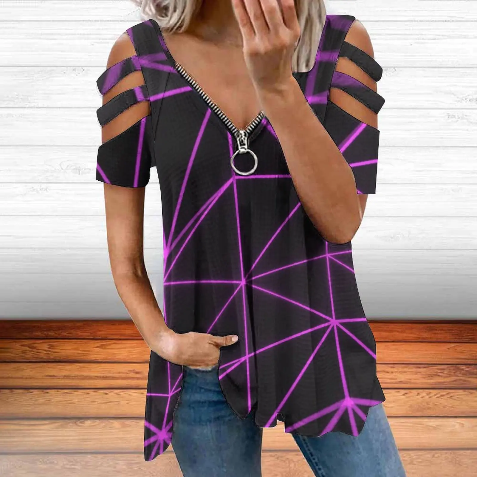 

2022 Women's Fashion Off Shoulder Shirts Round Neck Casual Short Sleeves Summer Loose Printed Tops T-Shirts Pullovers
