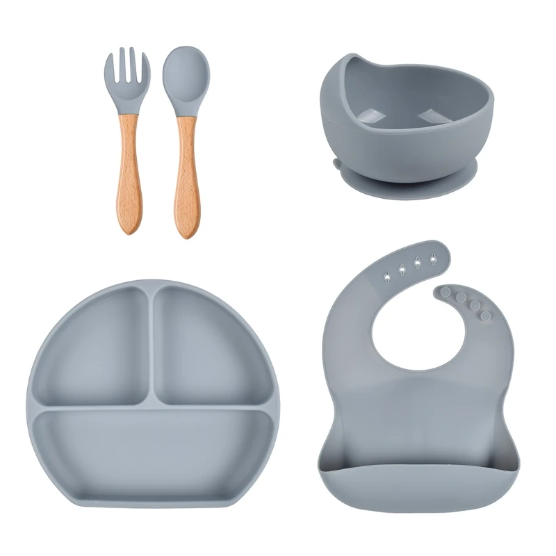 

5 Pcs Baby Silicone Bibs Divided Dinner Plate Sucker Bowl Spoon Fork Tableware