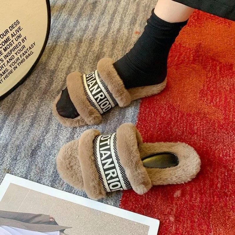 Удобные Плюшевые тапочки для женщин открытый носок плоская подошва пушистые