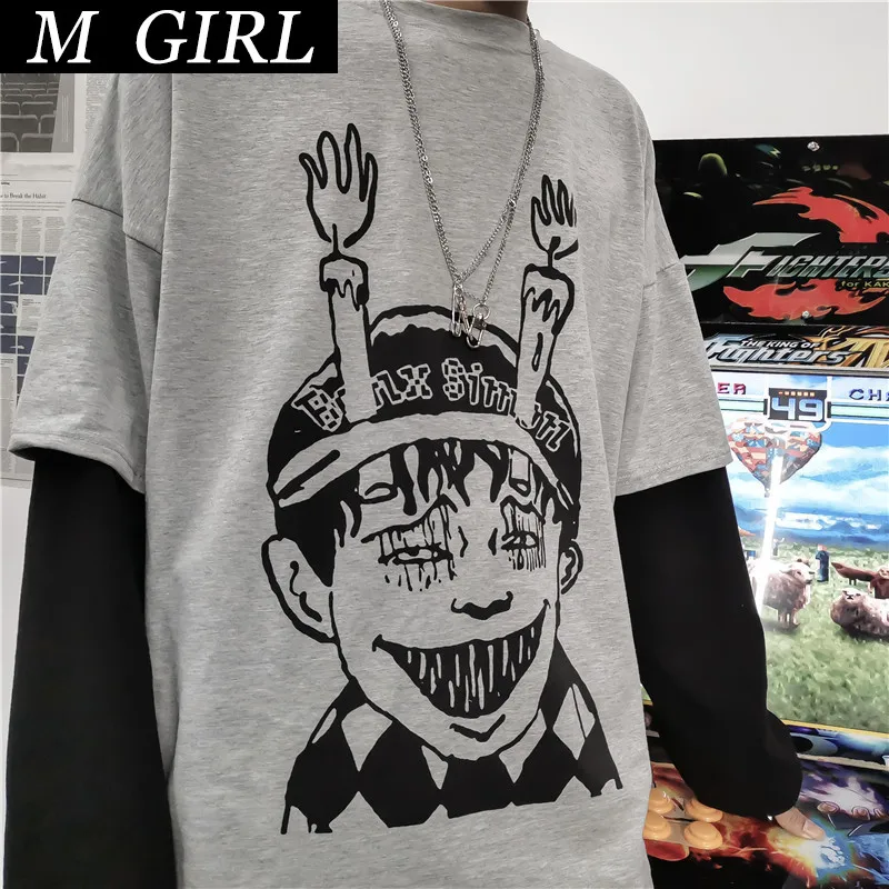 Harajuku Japanese Junji Ito Anime Print Women Man T-Shirt Fake 2 Piece O-Neck Long Sleeve Casual Loose Streetwear T-shirt