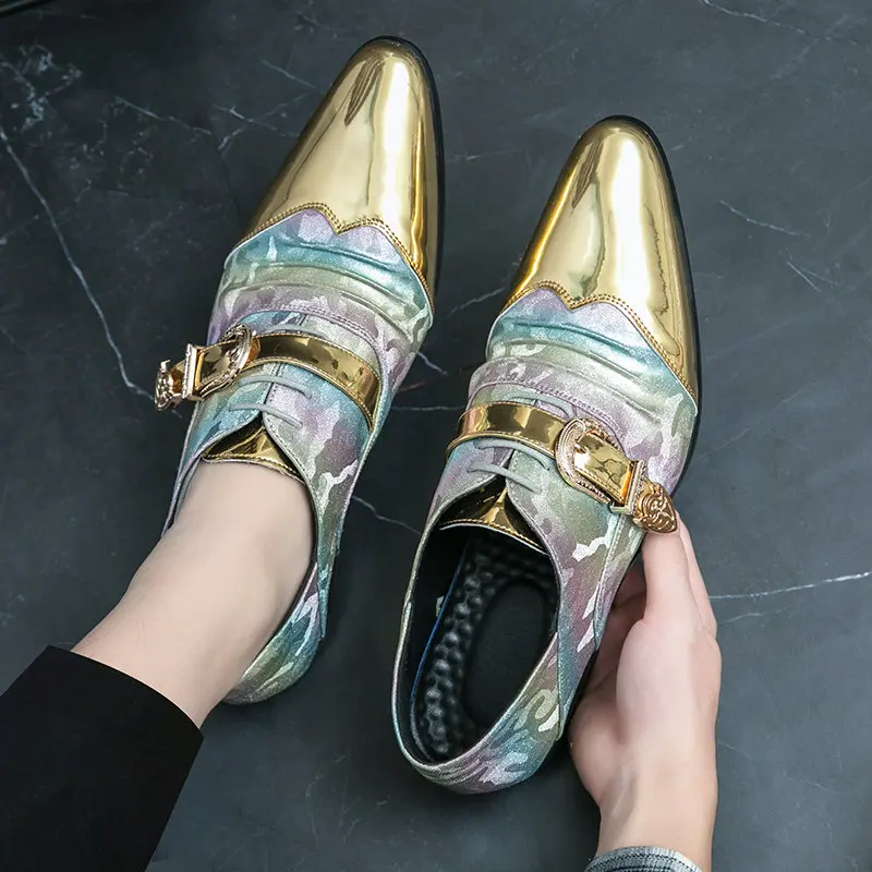 Блестящие золотистые мужские классические туфли в британском стиле с острым