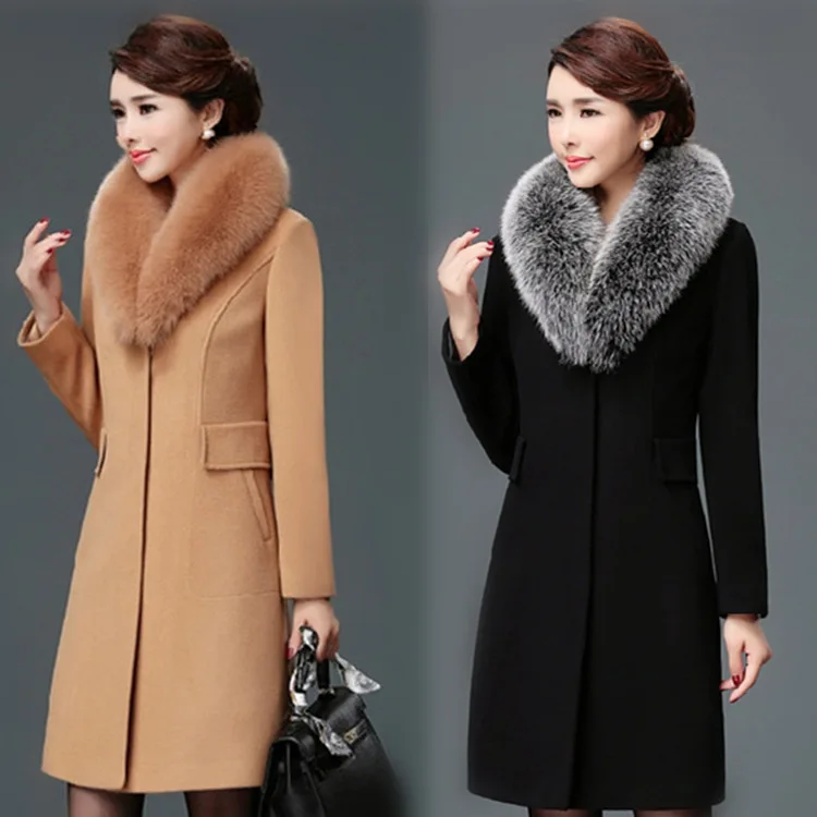 

Women Coat Mid-Length en Coat Slim-Fit Coat with Fur Collar